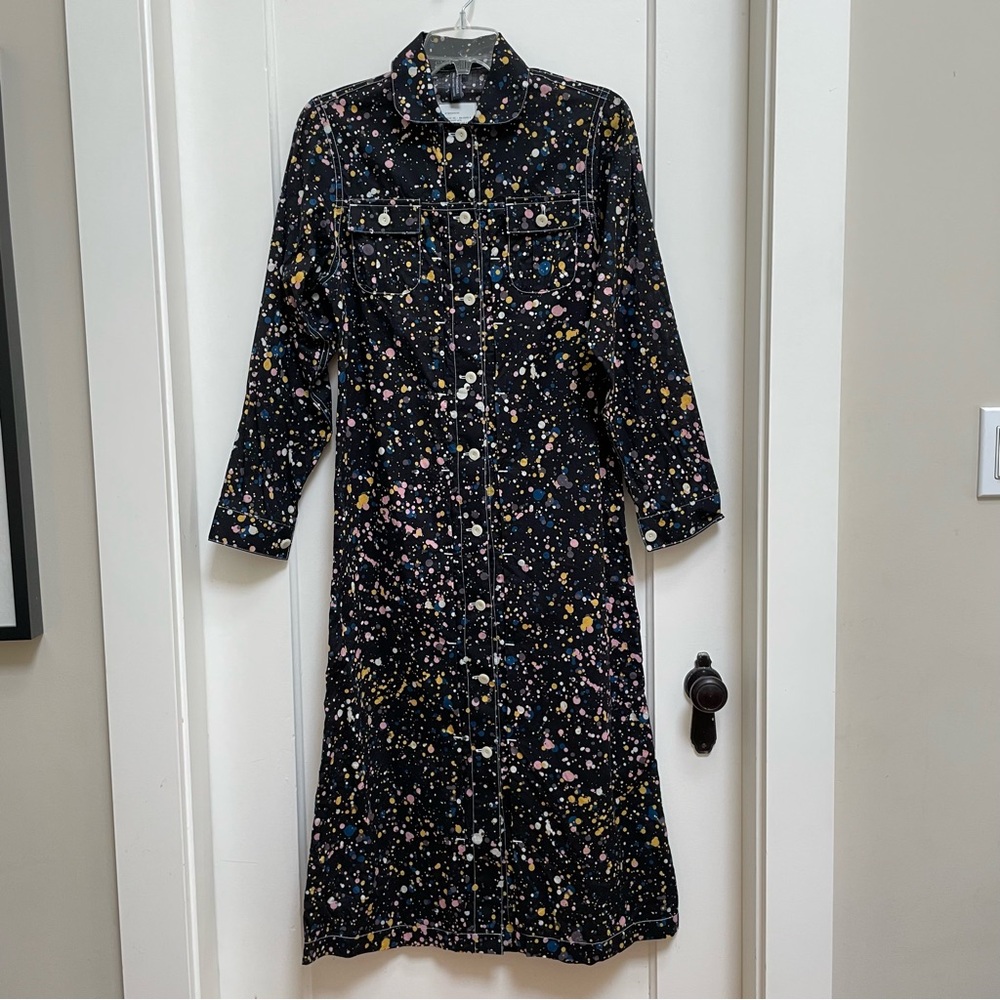 W’menswear black button front dress with multicoloured paint splatter design